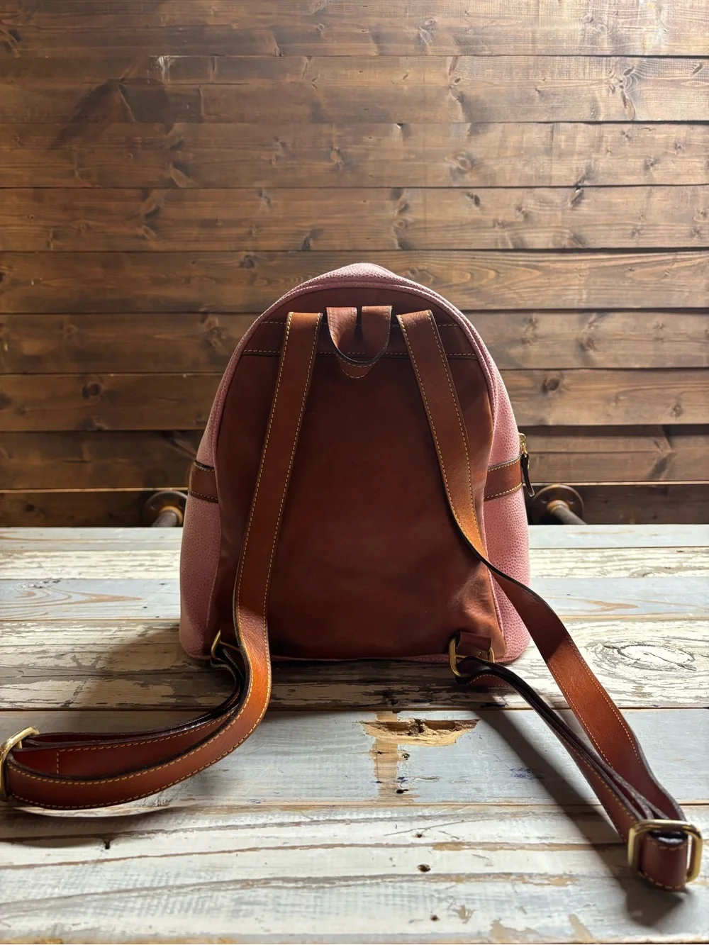 Bric’s Pink Pebbled Leather Backpack Tan Trim Adjustable Straps